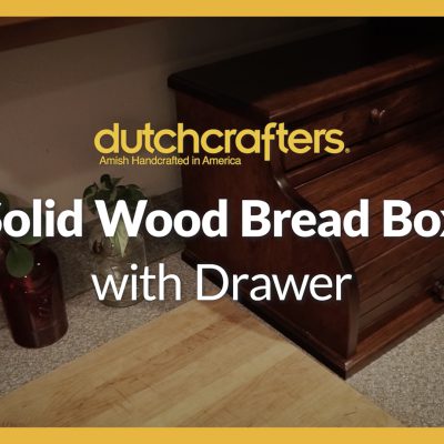 Solid Wood Bread Box with Drawer title over an image of a roll top bread box