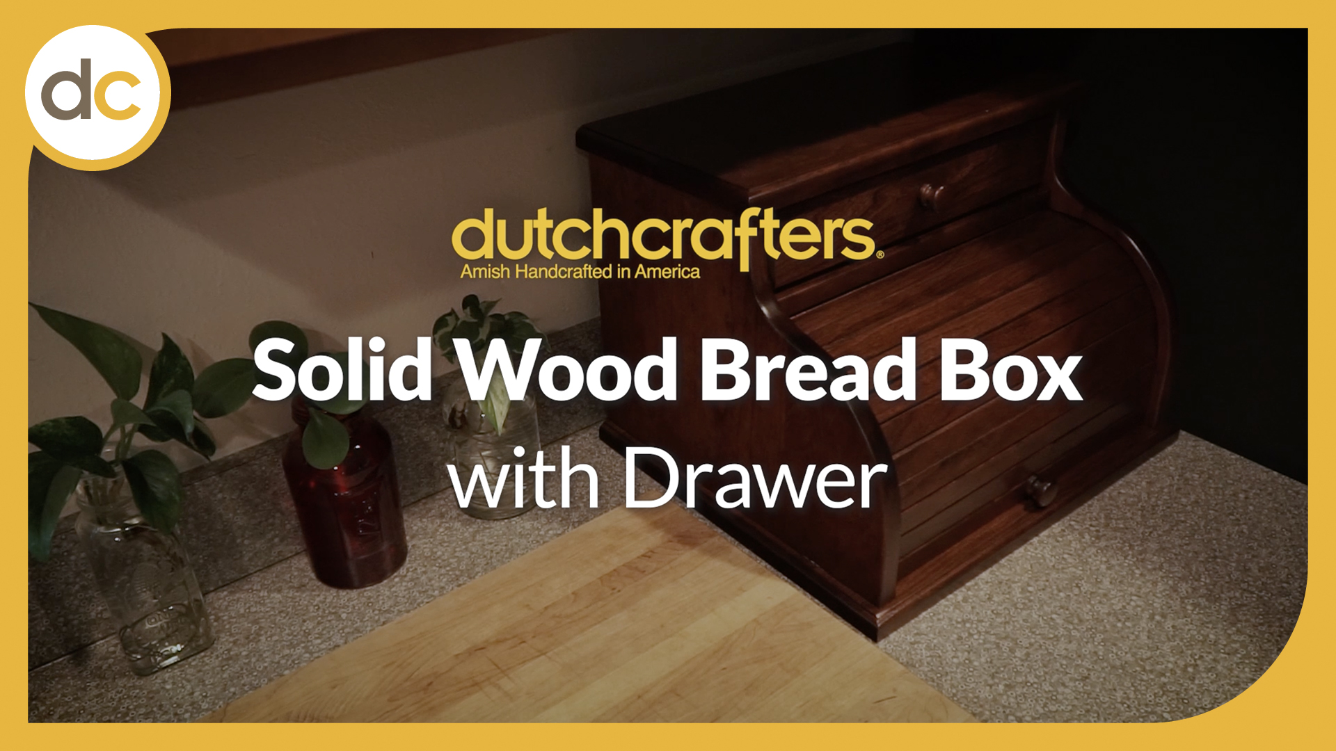 Solid Wood Bread Box with Drawer title over an image of a roll top bread box