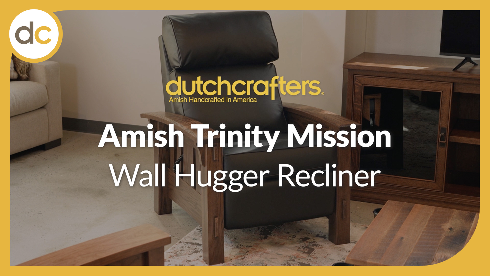Video Title says, "Amish Trinity Mission Wall Hugger Recliner" over a photo of a recliner